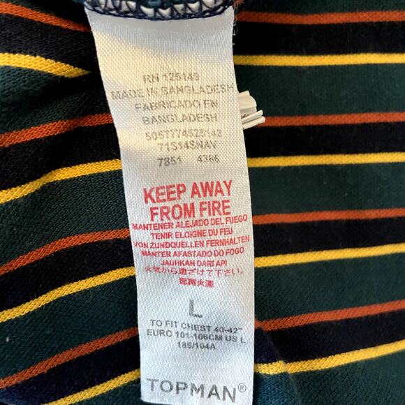 TOPMAN Frank T-shirt 90s Retro Crew Neck Striped Navy Blue Multi Large - Picture 4 of 5